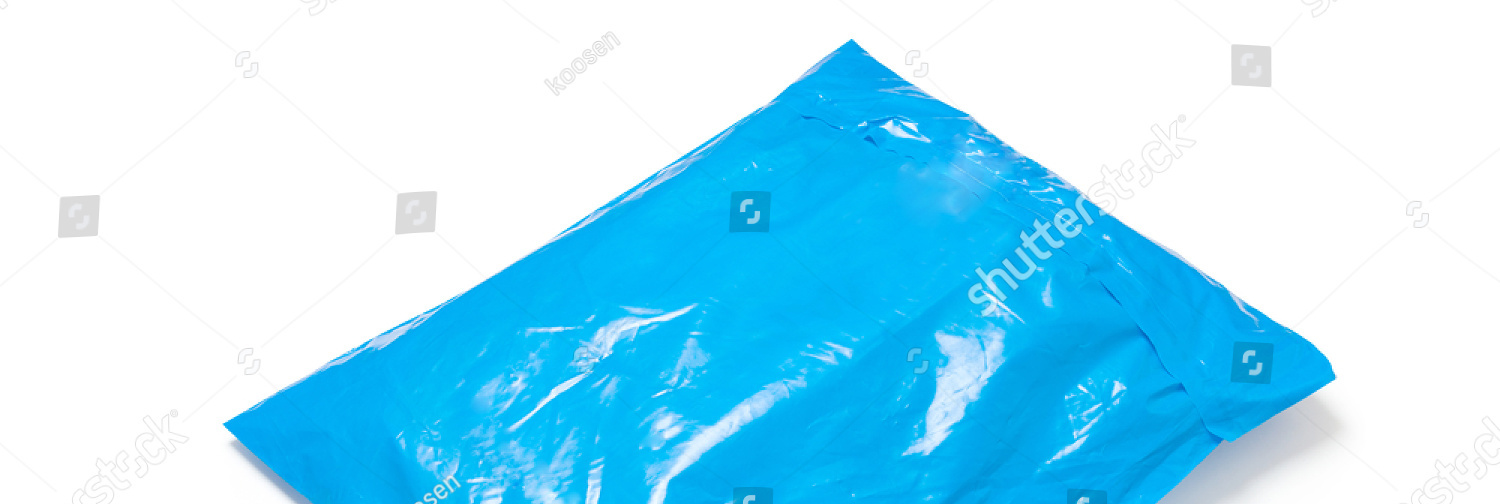 stock photo blue plastic package bag isolated on white 302528531
