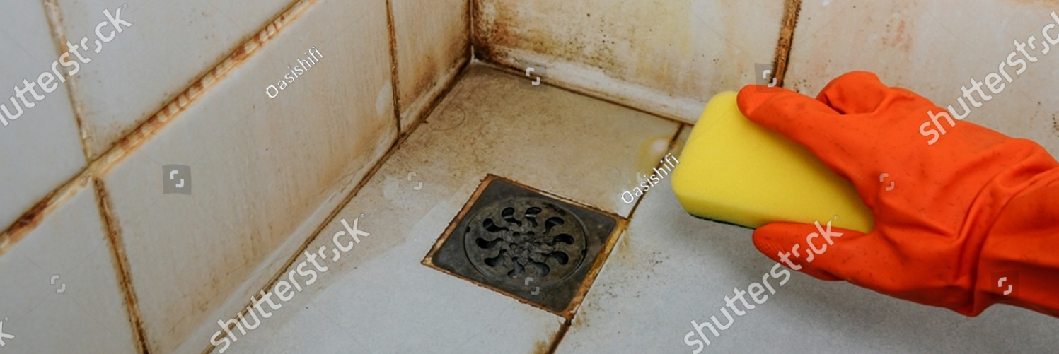 stock photo clean old dirty bathroom floors and walls bathroom cleaning tools to try and remove dirt mold and 2186958067