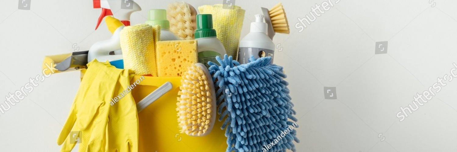 stock photo brushes bottles with cleaning liquids sponges rag and yellow rubber gloves on white background 2247330317